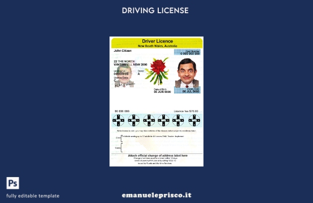 verified style stile verificato Modello di patente di guida Australia Nuovo Galles del Sud template